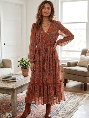 Jessica Simpson Boho Paisley Tiered Midi Dress in Rust